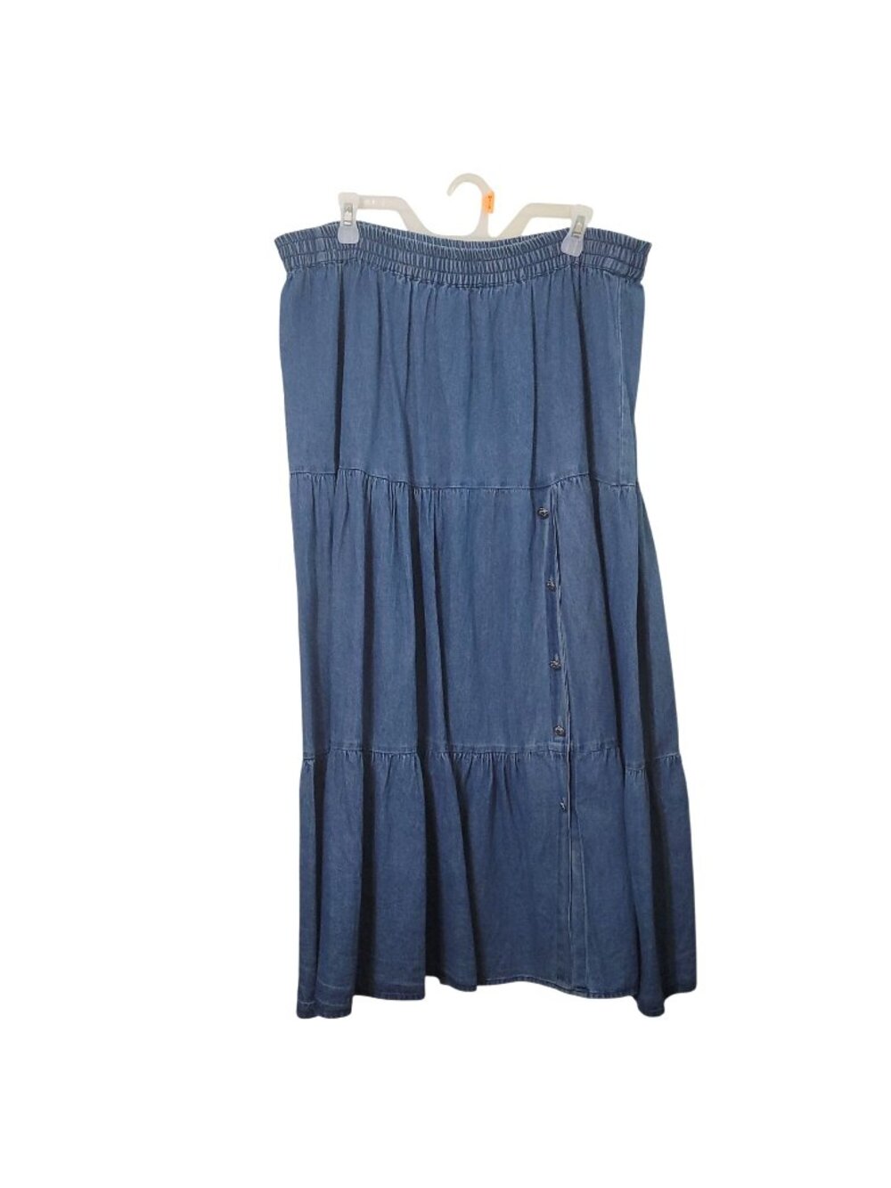 Vtg 90s Crazy Cowgirl Denim Tiered Maxi Skirt XXL Western Buttons Prairie Elasti